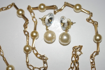 +MBA #25-043  Gold Plated 30" Faux Glass Pearl Necklace With Pierced Earrings