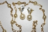 +MBA #25-043  Gold Plated 30" Faux Glass Pearl Necklace With Pierced Earrings