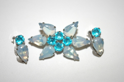 +MBA #24-280   "Vintage Blue Glass Pin & Matching Clip On Earrings