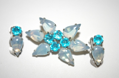 +MBA #24-280   "Vintage Blue Glass Pin & Matching Clip On Earrings