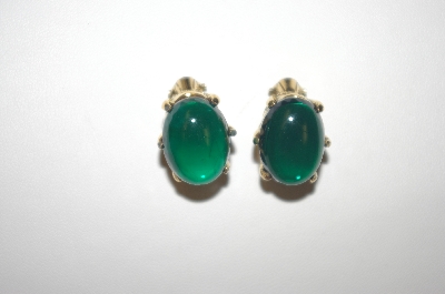 +MBA #S4-319  Gold Plated Green Glass Cabachon Clip Style Earrings