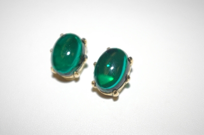+MBA #S4-319  Gold Plated Green Glass Cabachon Clip Style Earrings