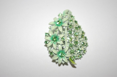 +MBA #S4-274  Green Enamel & Green Crystal Leaf Pin