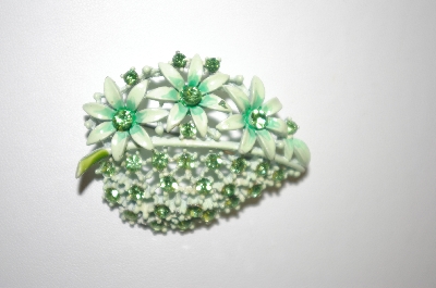 +MBA #S4-274  Green Enamel & Green Crystal Leaf Pin