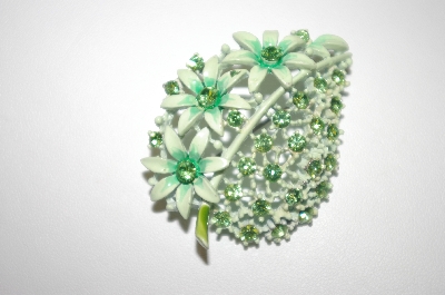 +MBA #S4-274  Green Enamel & Green Crystal Leaf Pin