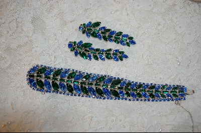 +MBA   "3 Piece Set Of Green & Blue Crystal Rhinestone  Necklace, Bracelet & Earrings