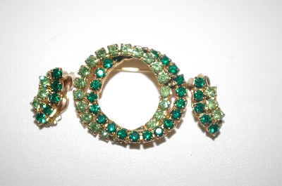 +MBA #S4-266  Set Gold Plated Two Shades Of Green Crystal Pin & Clip Style Earrings