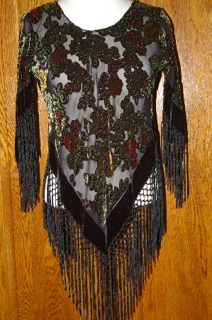 +MBA #25-166  "Designer "Mulin" Black Silk & Velvet Burn Out Top