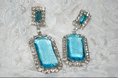 +MBA   "Large Aqua Blue Square Cut & Clear Crystal Earrings