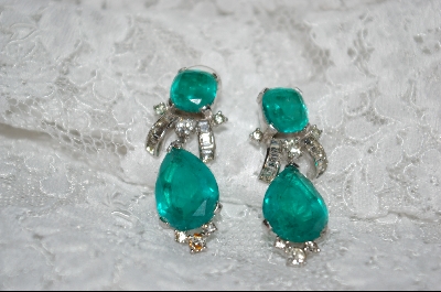 "HOLD" +MBA  2 Stone Emerald Green Glass & Crystal Earrings