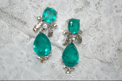 "HOLD" +MBA  2 Stone Emerald Green Glass & Crystal Earrings