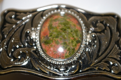 +MBA #13-113   1980's  Square Western Style Ailver Plated Unakite Gemstone Belt Buckle
