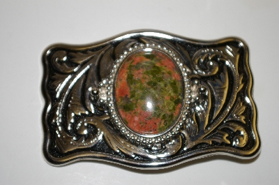 +MBA #13-113   1980's  Square Western Style Ailver Plated Unakite Gemstone Belt Buckle