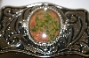 +MBA #13-113   1980's  Square Western Style Ailver Plated Unakite Gemstone Belt Buckle