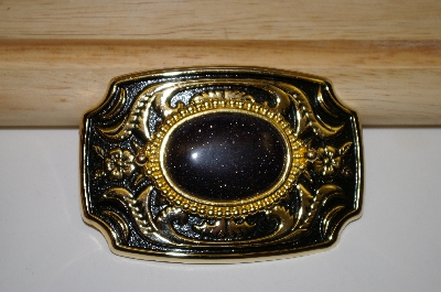 +MBA #13-116   1990's Western Style Gold Plated Black Goldstone Belt Buckle