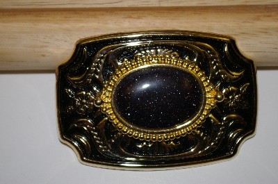 +MBA #13-116   1990's Western Style Gold Plated Black Goldstone Belt Buckle