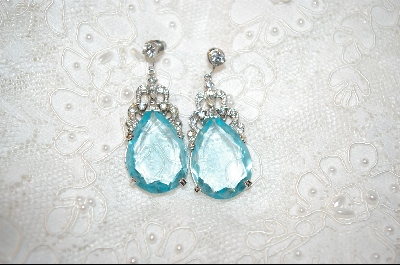 +MBA   "Large Pear Cut Aqua Glass & Crystal Pierced Earrings