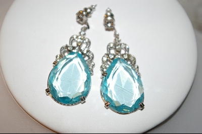 +MBA   "Large Pear Cut Aqua Glass & Crystal Pierced Earrings