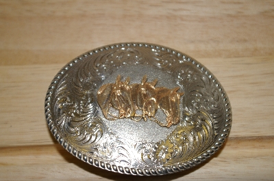 +MBA #13-099  1990's Wage German Silver 3 Horse Belt Buckle
