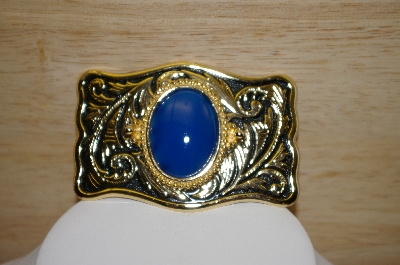 +MBA #13-126  1990's Western Style Gold Plated  Blue Chalcedony Gemstone Buckle