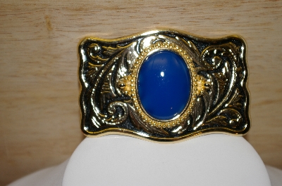 +MBA #13-126  1990's Western Style Gold Plated  Blue Chalcedony Gemstone Buckle
