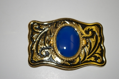 +MBA #13-126  1990's Western Style Gold Plated  Blue Chalcedony Gemstone Buckle