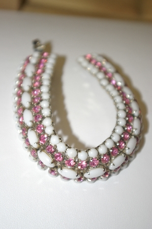 +MBA  #23-277  White Milk Glass & Pink Rhinestone Vintage Bracelet