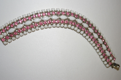 +MBA  #23-277  White Milk Glass & Pink Rhinestone Vintage Bracelet