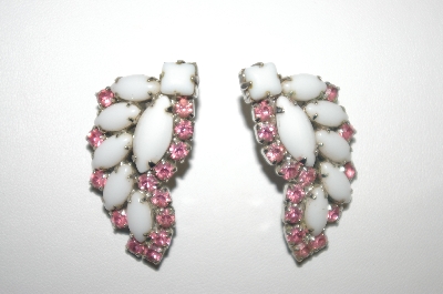 +MBA #23-286  White Milk Glass & Pink Rhinestone Vintage Clip Style Earrings