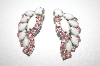 +MBA #23-286  White Milk Glass & Pink Rhinestone Vintage Clip Style Earrings