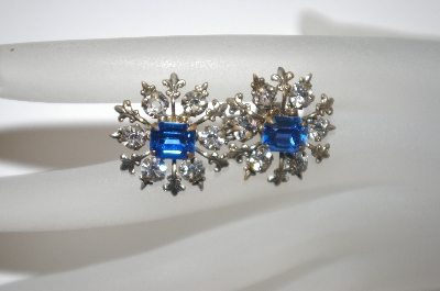 +MBA #23-337  "Vintage Blue & Clear Rhinestone Screw Back Earrings