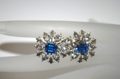 +MBA #23-337  "Vintage Blue & Clear Rhinestone Screw Back Earrings