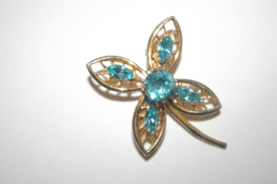 **Vintage Blue Rhinestone Gold Plated Flower Pin