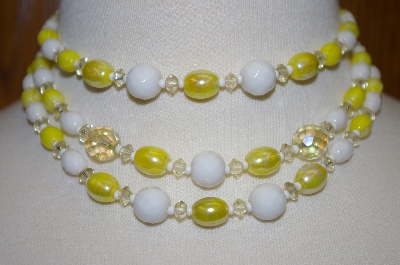 +MBA #24-475  Vintage Yellow & White Glass Three Row Necklace