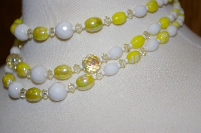 +MBA #24-475  Vintage Yellow & White Glass Three Row Necklace