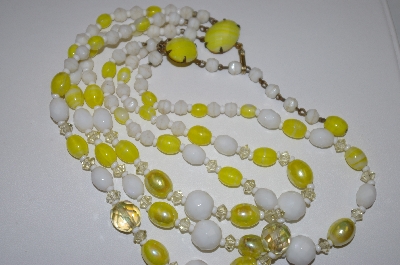 +MBA #24-475  Vintage Yellow & White Glass Three Row Necklace
