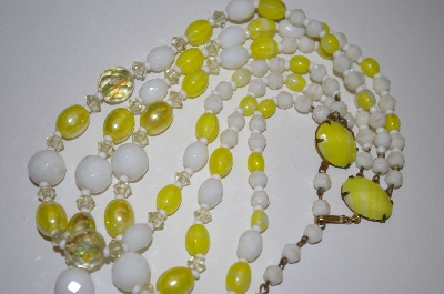 +MBA #24-475  Vintage Yellow & White Glass Three Row Necklace