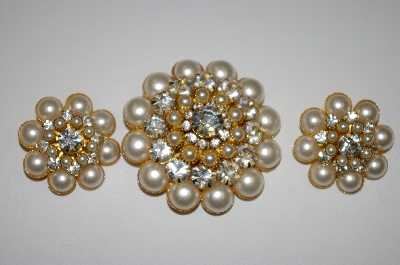 +MBA #25-440   Glass Pearl & Clear Crystal Pin & Earring Set