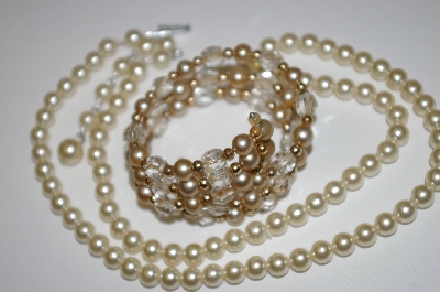 +MBA #25-471  Vintage Faux Pearl Necklace & Coil Wire Bracelet