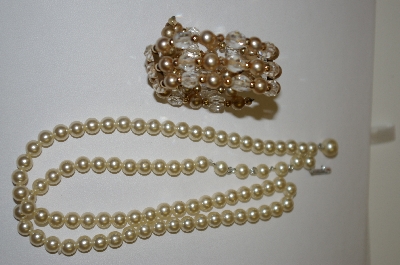 +MBA #25-471  Vintage Faux Pearl Necklace & Coil Wire Bracelet