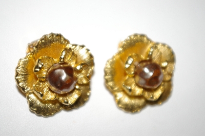 +MBA #25-451  Vintage Gold Plated Faux Pearl Clip Back Earrings