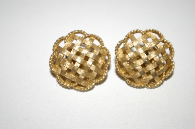 +MBA #25-449  "Trifari Gold Plated Round Weave Look Clip Backs