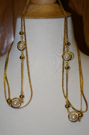 +MBA #25-429  Gold Plated Double Strand Faux Pearl 40" Necklace