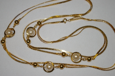 +MBA #25-429  Gold Plated Double Strand Faux Pearl 40" Necklace