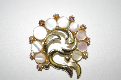 +MBA #25-399  Gold Tone Mother Of Pearl & Rhinestone Pin