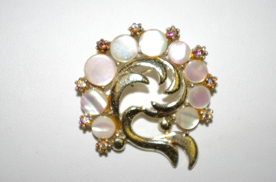 +MBA #25-399  Gold Tone Mother Of Pearl & Rhinestone Pin