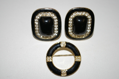 +MBA #25-382   Gold Tone Black Enamel & Clear Rhinestone 3 Piece Set