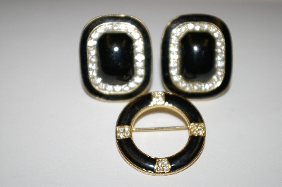 +MBA #25-382   Gold Tone Black Enamel & Clear Rhinestone 3 Piece Set