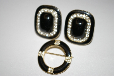 +MBA #25-382   Gold Tone Black Enamel & Clear Rhinestone 3 Piece Set