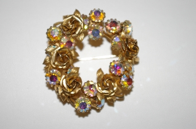 +MBA #25-831  Vintage Gold Plated AB Crystal & Rose Pin